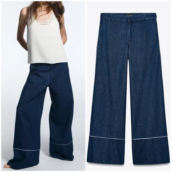 Zara Contrasting Piping Wide Leg Pants - Picture 1 of 10
